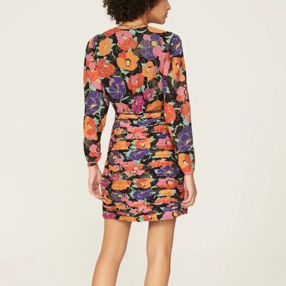 Rixo Black Silk Golden Floral Ruched Mini Dress | Size 6 - Picture 5 of 12